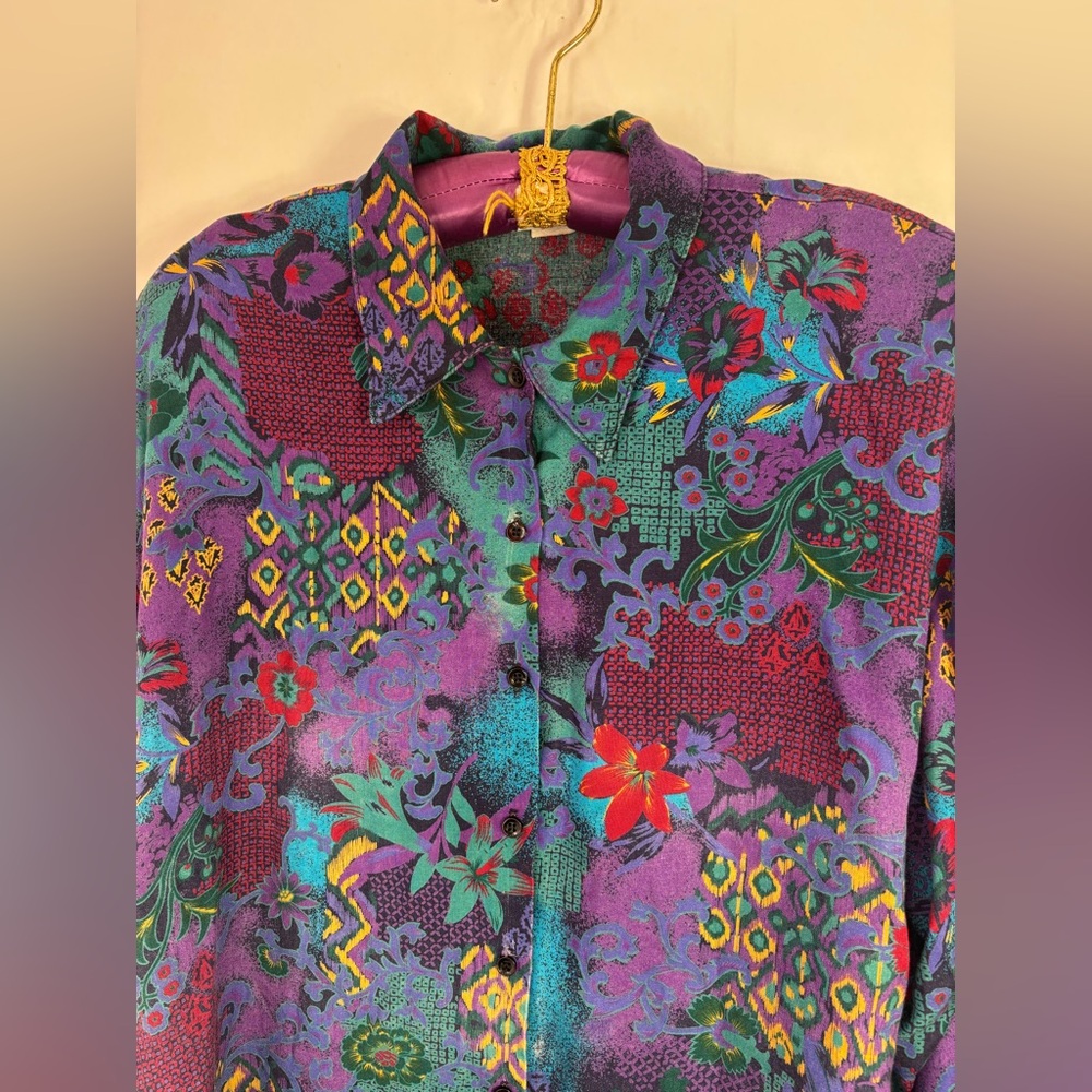 VTG 90s Structured Tropical Print Boho‎ Streetwear Button Up Blouse Size L-XL - Picture 5 of 13